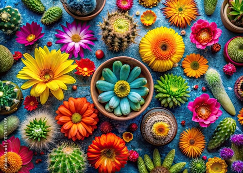 Vibrant desert bloom explodes against a deep blue, a culinary still life. photo