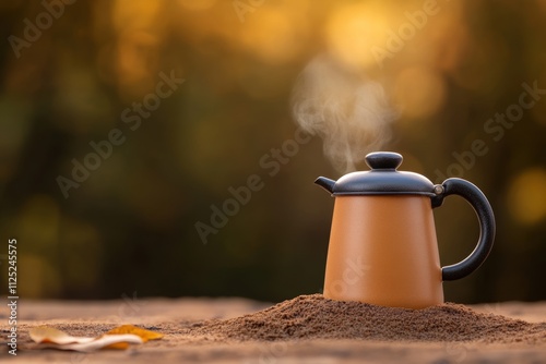 traditional coffee making, coffee brewing in hot sand at dawn, with light filtering through leaves in a serene natural setting creates a peaceful ambiance photo