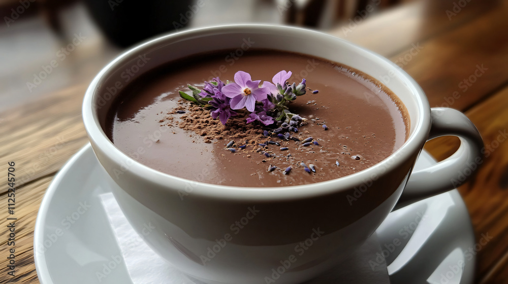 Hot chocolate with a hint of lavender and a decorative flower garnish. Hot chocolate with a hint of lavender and a decorative flower garnish.