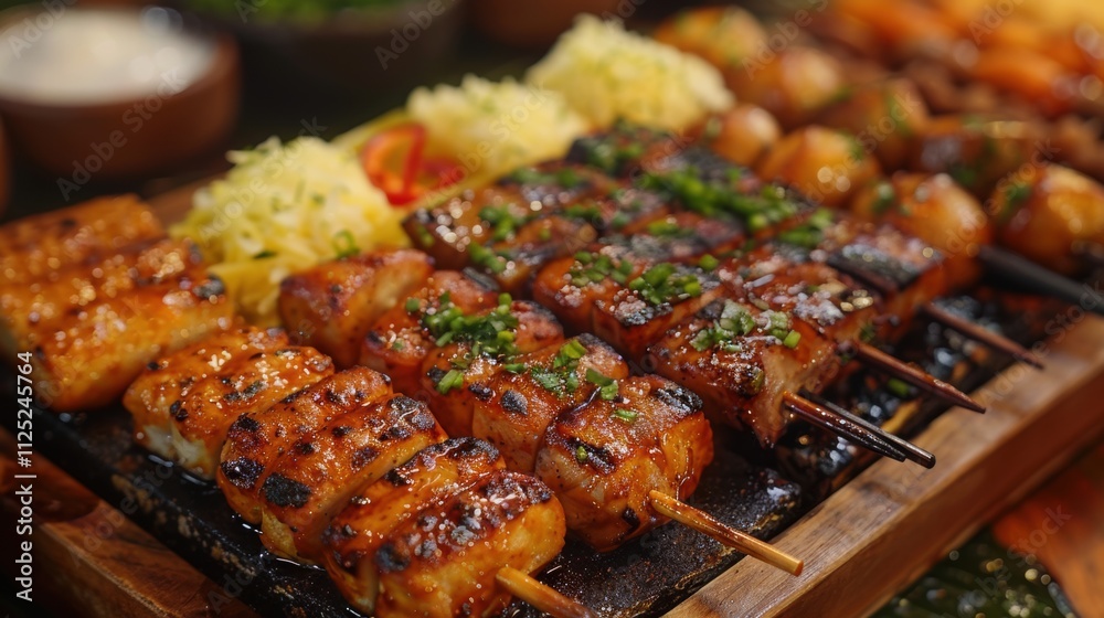 Delicious Grilled Asian Food Skewers Closeup HD Delicious Grilled Asian Food Skewers Closeup HD