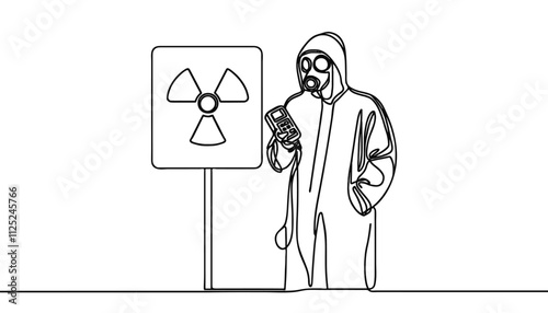 Illustration of a man in a protective suit with a dosimeter near a sign indicating radiation, isolated on a white background