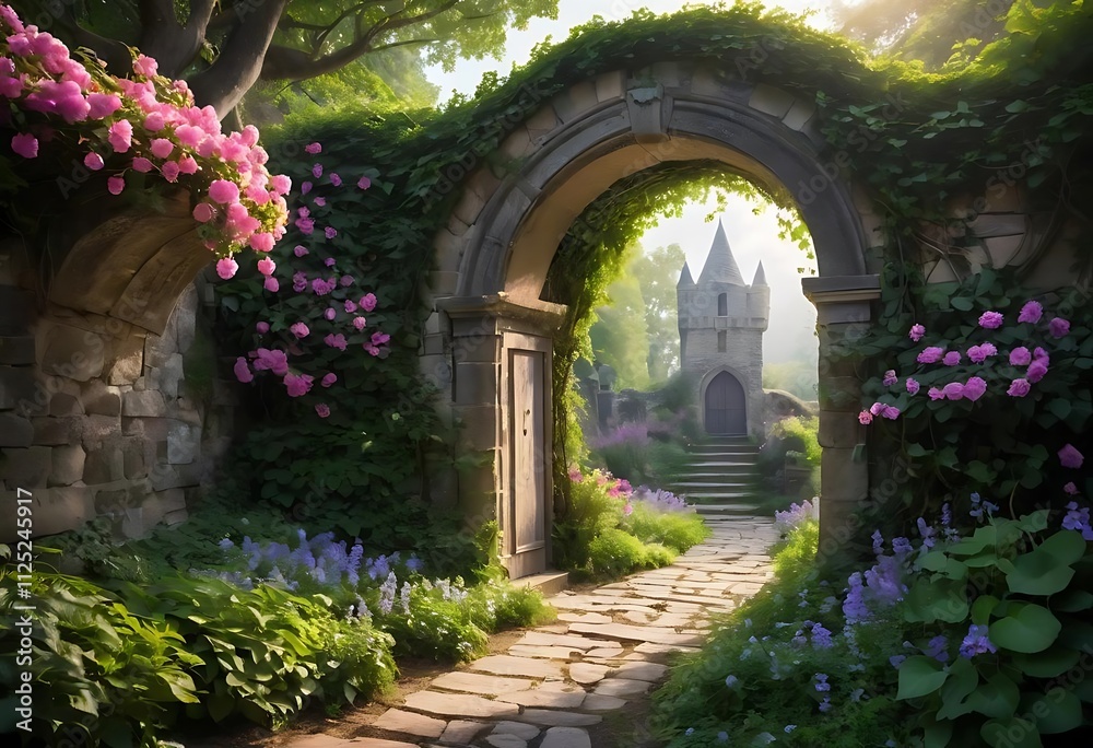 Fototapeta premium a illustration of archway landscape allotment fairy