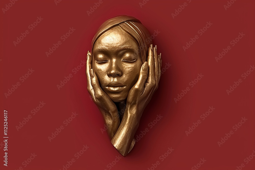 Striking metallic sculpture of a human head with intertwined hands against a bold red background Striking metallic sculpture of a human head with intertwined hands against a bold red background