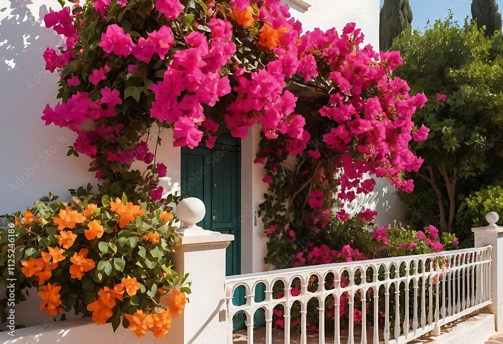 Blooming pink bougainvillea in front of houses in Oia, Santorini, Greece Blooming pink bougainvillea in front of houses in Oia, Santorini, Greece