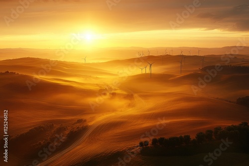 Wind turbines generating clean energy in tuscany at sunrise photo