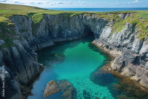 Turquoise water filling a gap between cliffs in a sunny day