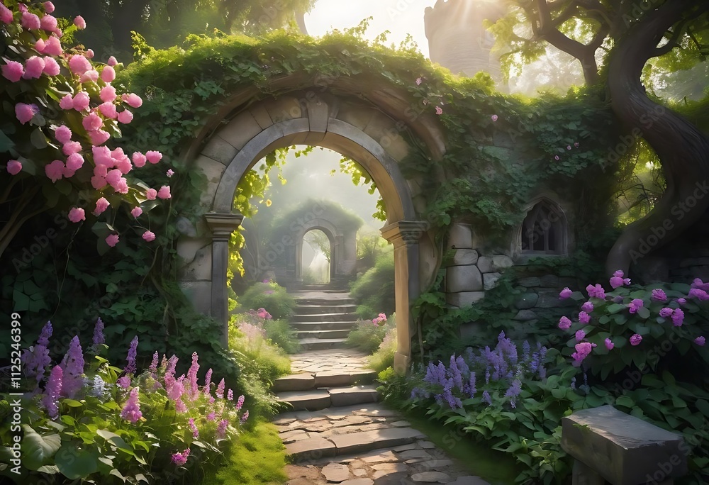 Fototapeta premium a illustration of archway landscape allotment fairy