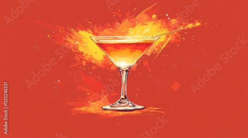 Hand holding cocktail with fire. Vector illustration in a minimalist style  with Riso print effect. Design element for advertising, posters, prints for clothing, banners, covers, websites photo