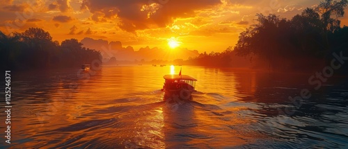 Golden Sunset Mekong River Cruise Boat Scenic Asia Travel