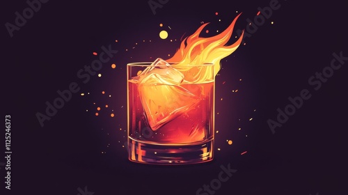 Hand holding cocktail with fire. Vector illustration in a minimalist style  with Riso print effect. Design element for advertising, posters, prints for clothing, banners, covers, websites photo