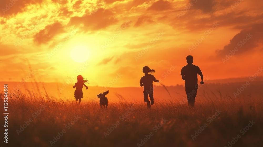 Sunset Family Fun Run: Silhouetted Family and Dog Enjoying an Evening Run in a Golden Field Sunset Family Fun Run: Silhouetted Family and Dog Enjoying an Evening Run in a Golden Field