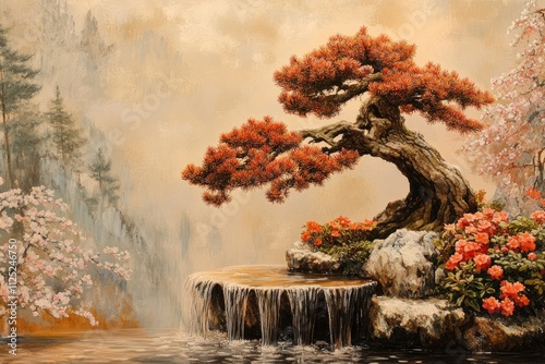 Bonsai tree painting depicting idyllic nature scene with waterfall