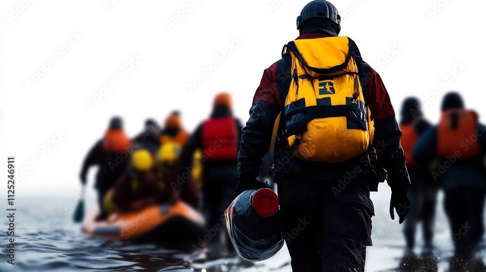 Expedition Team:  A lone adventurer with a yellow backpack leads a group after a water expedition, showcasing teamwork and resilience.