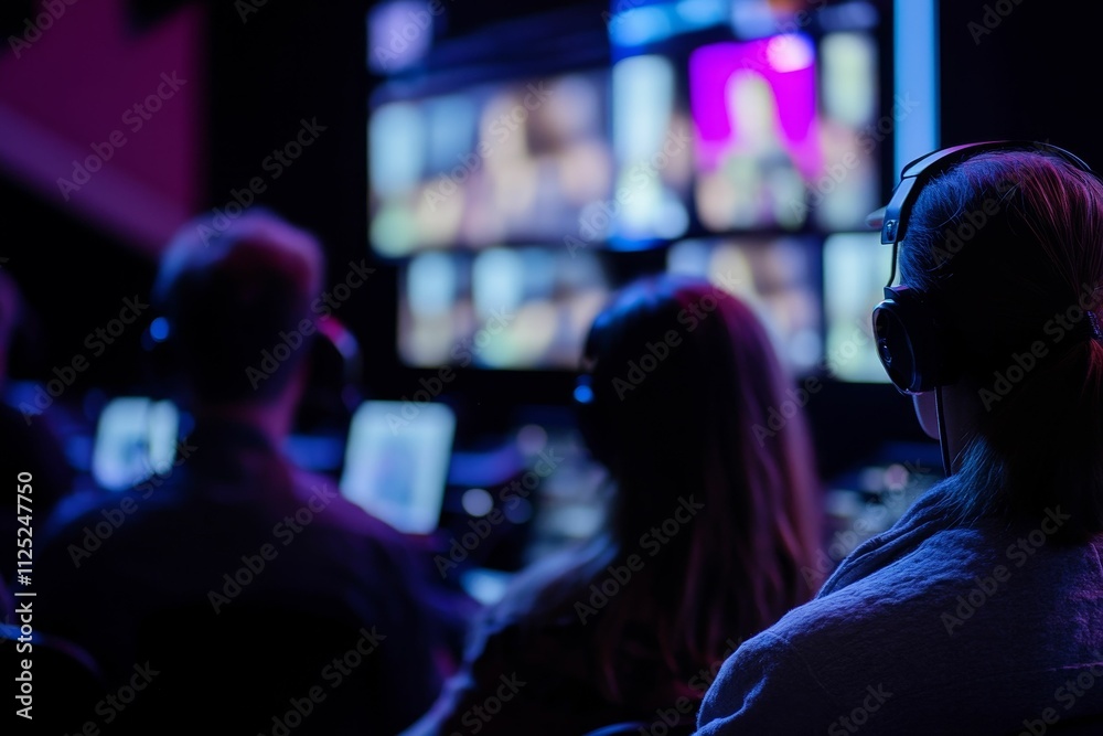 Naklejka premium People wearing headphones watch video screens.