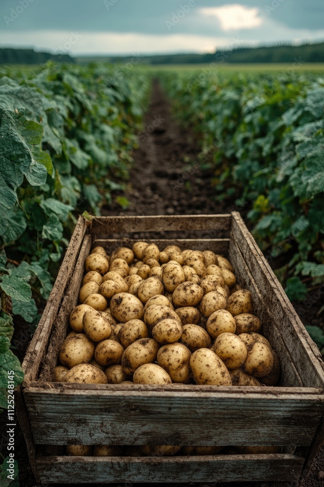 Freshly dug potatoes resting in wooden crate on farm field Freshly dug potatoes resting in wooden crate on farm field