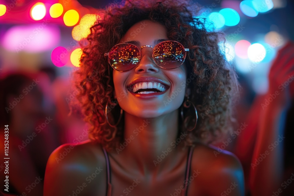 Young woman smiling and enjoying nightlife with sunglasses reflecting city lights Young woman smiling and enjoying nightlife with sunglasses reflecting city lights