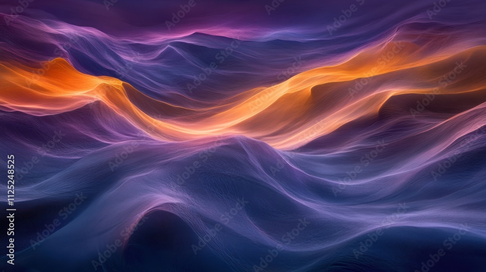 Obraz premium A vibrant, abstract landscape of illuminated waves in purple and orange tones, creating a dynamic and energetic visual effect