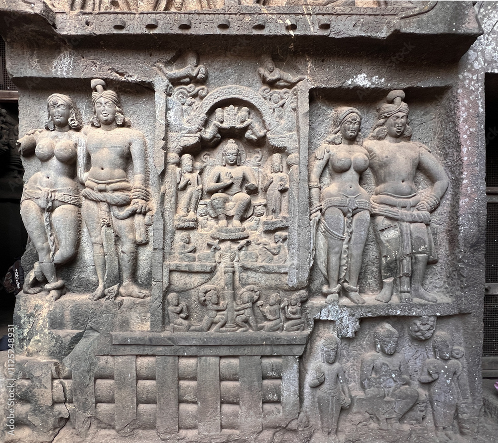 Ancient carved structure of the wall of cave chaitya, Karla caves (Lonavala, Maharashtra) Ancient carved structure of the wall of cave chaitya, Karla caves (Lonavala, Maharashtra)