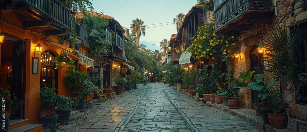 Charming Medieval Street Nicosia Historic Buildings Cobblestone Lane Mediterranean Plants Charming Medieval Street Nicosia Historic Buildings Cobblestone Lane Mediterranean Plants