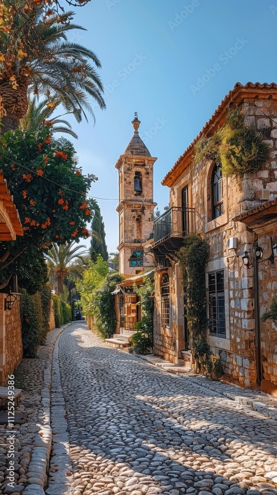 Fototapeta premium Cobblestone Street Medieval Architecture Nicosia Cityscape