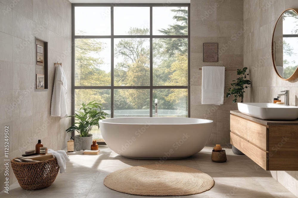 Modern bathroom with large window overlooking nature Modern bathroom with large window overlooking nature