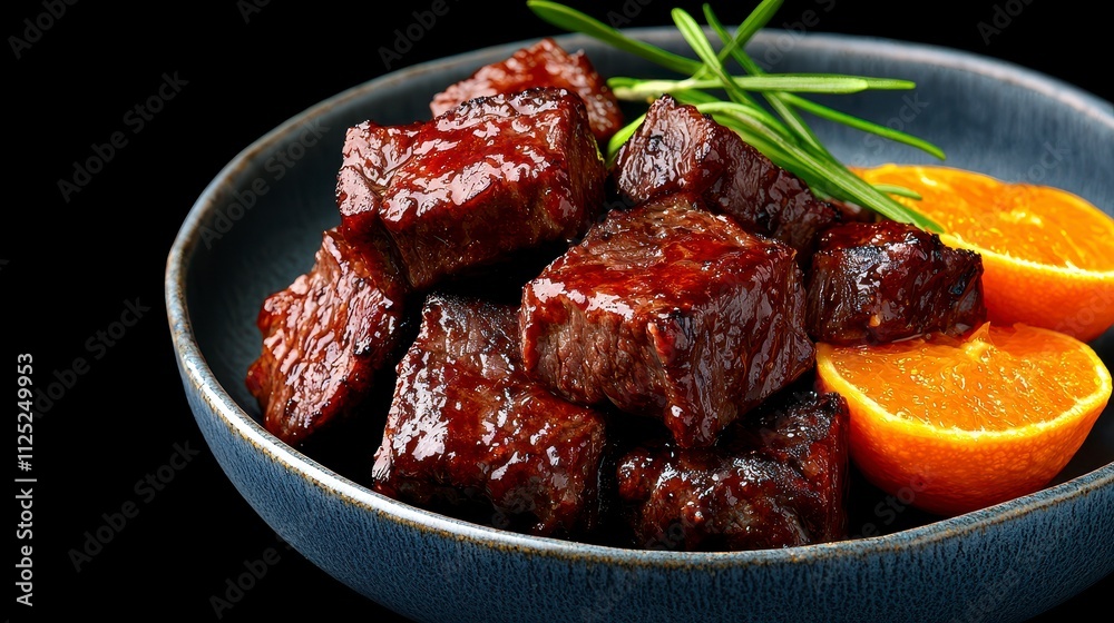 Glazed Beef Cubes with Orange Slices and Rosemary Glazed Beef Cubes with Orange Slices and Rosemary