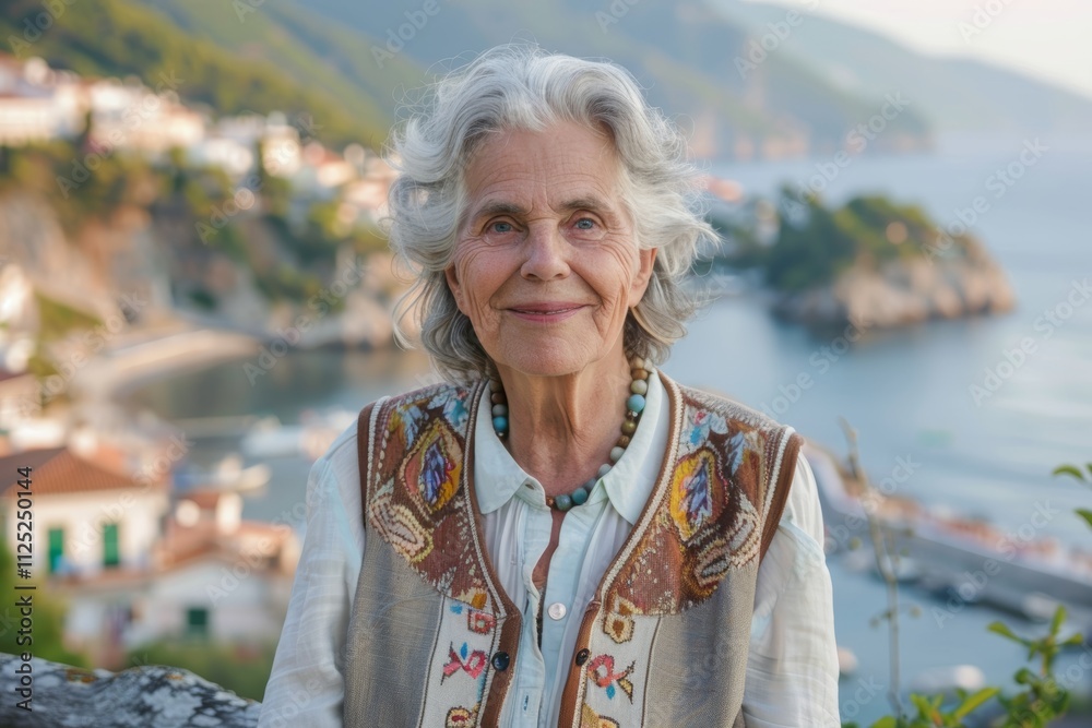 Φωτογραφία Portrait of a grinning woman in her 70s dressed in a polished vest over pictures