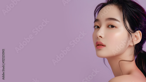 Asian female portrait against purple background showcasing elegant beauty