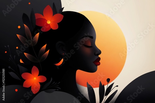 empowering floral illustration, an empowered black woman, surrounded by vibrant floral designs, exudes confidence and joy on happy womens day photo