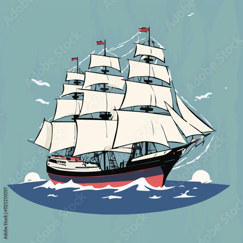 Vector illustration of a storm at sea. Cartoon scene of a beautiful landscape with a boat with a white and orange sail among big sea waves, rocks on the horizon, seagulls, sky with white clouds.	