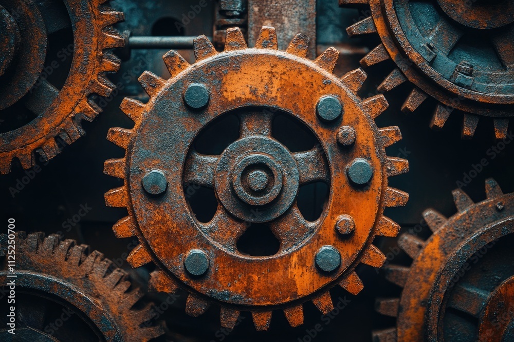 Rusty gears interlocking, creating intricate mechanical system Rusty gears interlocking, creating intricate mechanical system