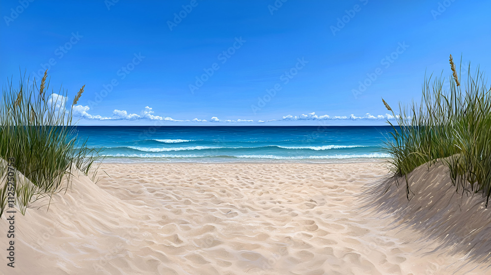A serene beach scene with golden sand, gentle waves, and a clear blue sky, framed by lush grass on either side. A serene beach scene with golden sand, gentle waves, and a clear blue sky, framed by lush grass on either side.