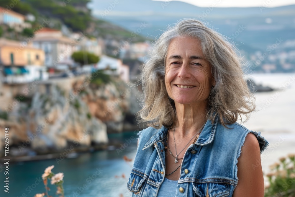 Portrait of a smiling caucasian woman in her 60s wearing a rugged jean vest over picturesque seaside village Portrait of a smiling caucasian woman in her 60s wearing a rugged jean vest over picturesque seaside village