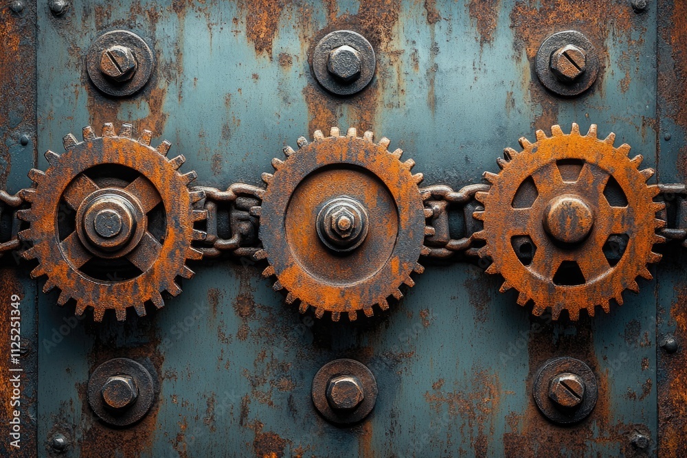Rusty gears and chain rotating on a metal surface Rusty gears and chain rotating on a metal surface