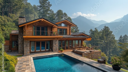 Luxury log cabin home with infinity pool and mountain view.