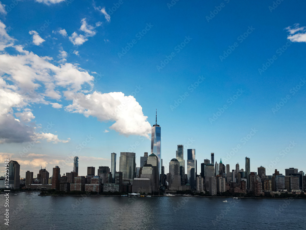 NYC. New York City skyline, cityscape of Manhattan in USA. New York City NYC Manhattan Downtown Skyline, viewed from Jersey City, New Jersey, USA.