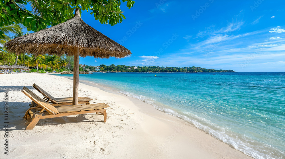Tropical beach scene featuring a thatched umbrella, wooden lounge chair, and clear turquoise waters under a bright blue sky.