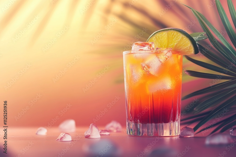 Tropical tequila sunrise cocktail with lime and ice cubes at sunset Tropical tequila sunrise cocktail with lime and ice cubes at sunset
