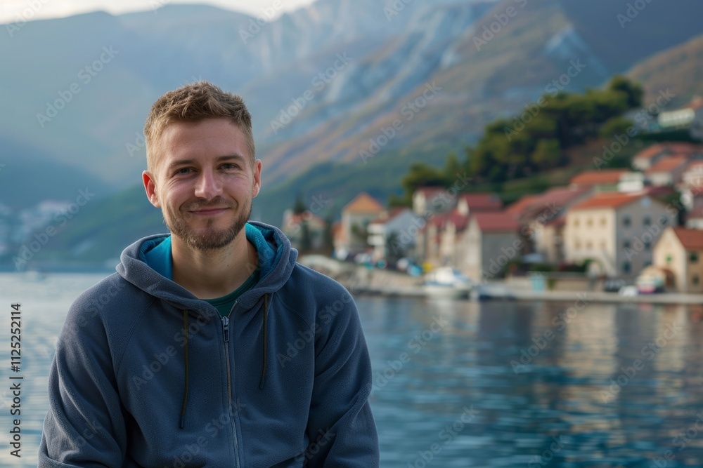 Portrait of a cheerful caucasian man in his 20s wearing a zip-up fleece hoodie isolated in picturesque seaside village Portrait of a cheerful caucasian man in his 20s wearing a zip-up fleece hoodie isolated in picturesque seaside village