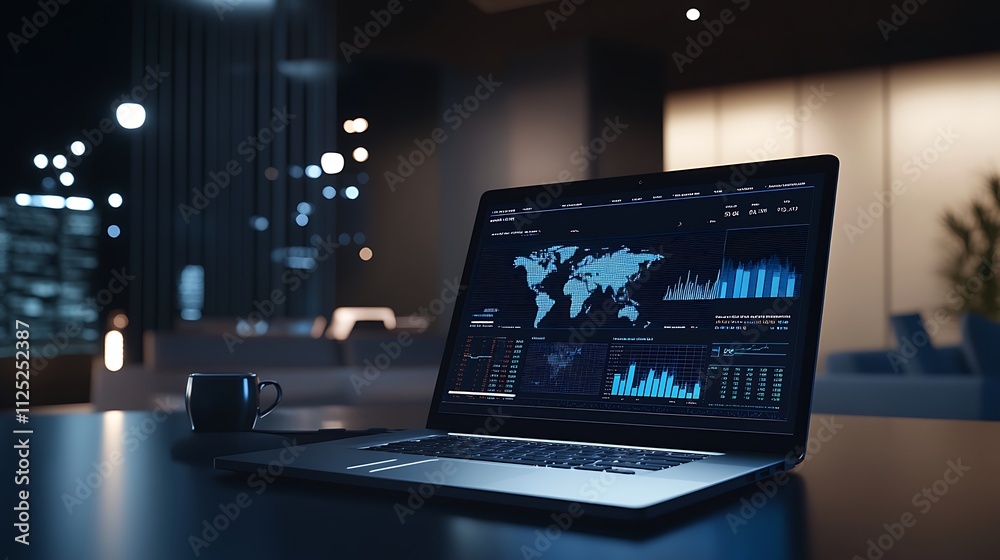 A high-end office workspace with a sleek laptop displaying global economic data on screen A high-end office workspace with a sleek laptop displaying global economic data on screen