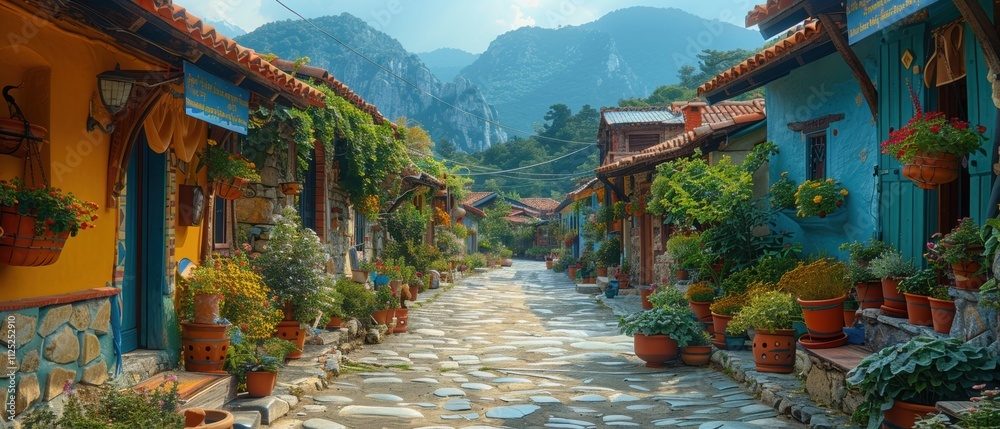 Fototapeta premium Picturesque Mountain Village Street Colorful Houses Cobblestone Road Lush Flowers