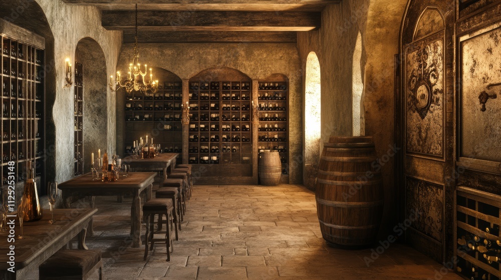 cellar with barrels for storage of wine, Italy