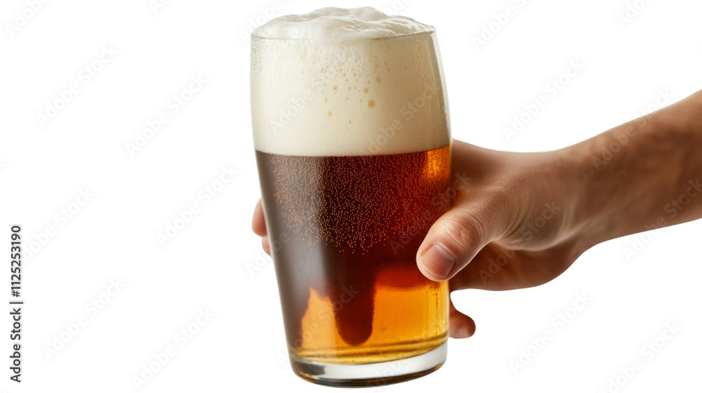 Close up of a hand with a glass of beer topped with foam Close up of a hand with a glass of beer topped with foam