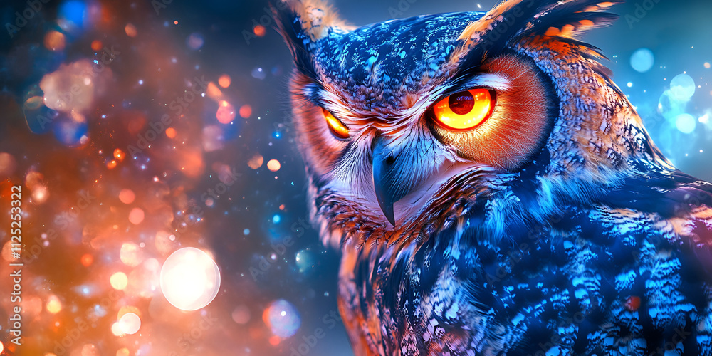 Vivid Close-Up of Owl with Fiery Eyes and Feathers Vivid Close-Up of Owl with Fiery Eyes and Feathers