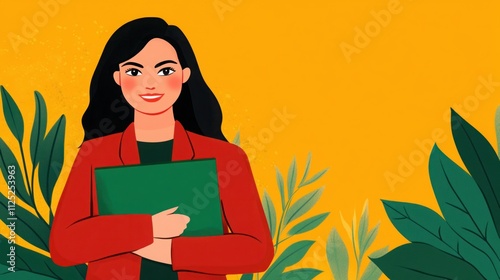 Wallpaper Mural Smiling woman holding green folder in front of vibrant yellow background surrounded by tropical leaves, perfect for business, education, or personal growth themes. Torontodigital.ca