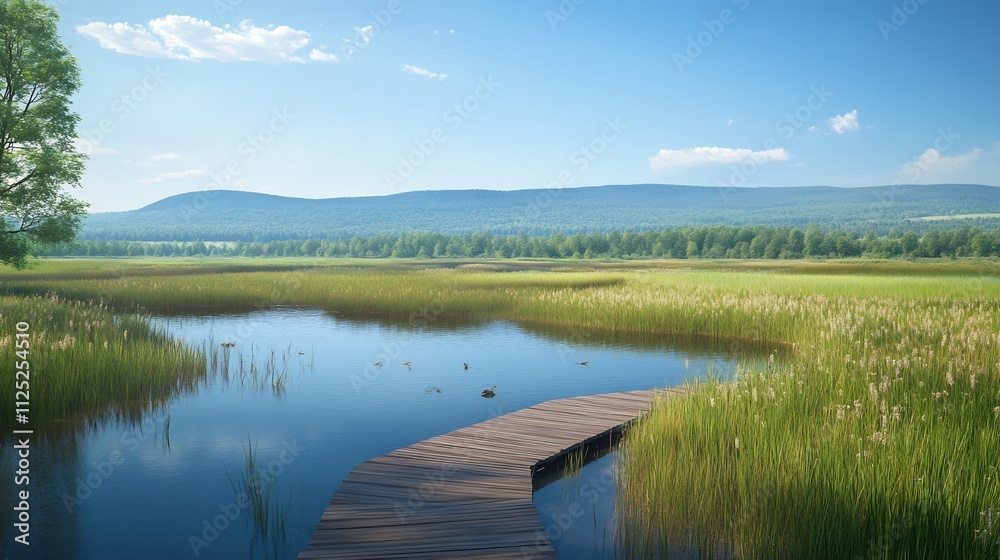 Serene Lakeside Pathway: A Tranquil Summer Landscape Serene Lakeside Pathway: A Tranquil Summer Landscape