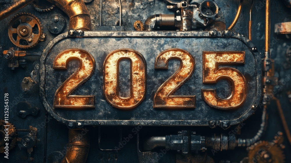 Steampunk 2025 Countdown - Industrial, metallic, future, time, innovation. A rusted metal plate displays 2025, suggesting technological progress and anticipation for the new year. Steampunk 2025 Countdown - Industrial, metallic, future, time, innovation. A rusted metal plate displays 2025, suggesting technological progress and anticipation for the new year.