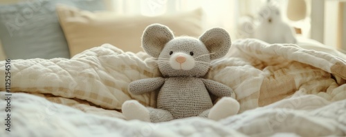 A snuggly gray mouse toy resting on a cozy bed, perfect for bedtime comfort and children s dreams photo