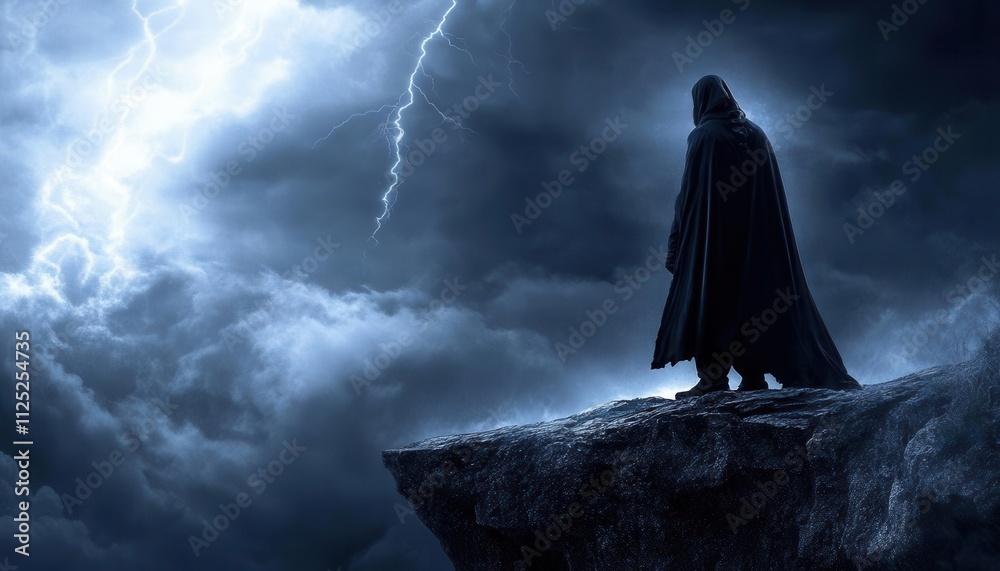 A figure cloaked in darkness, standing at the edge of a cliff with a storm raging above, thunder and dark energy pulsing through the air A figure cloaked in darkness, standing at the edge of a cliff with a storm raging above, thunder and dark energy pulsing through the air