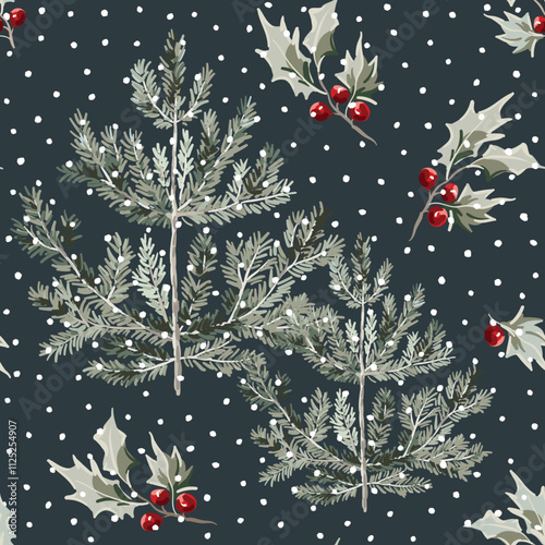 Christmas seamless pattern, holly twigs with red berries, pine trees, snow, black night background. Vector illustration. Nature design. Season greeting. Winter holidays